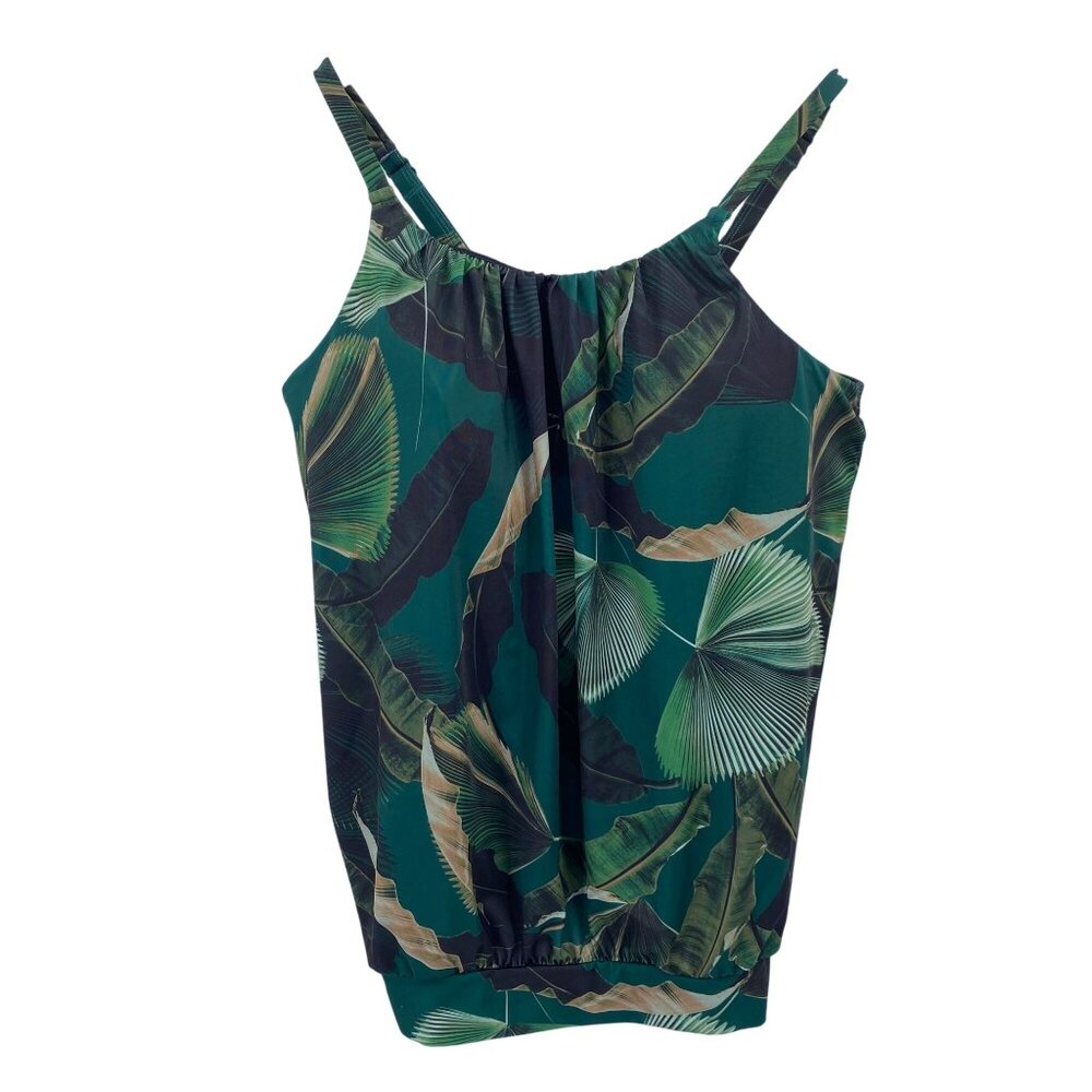 Swim By Cacique tankini blouson swim top size 14 green tropical leaf print cruis
